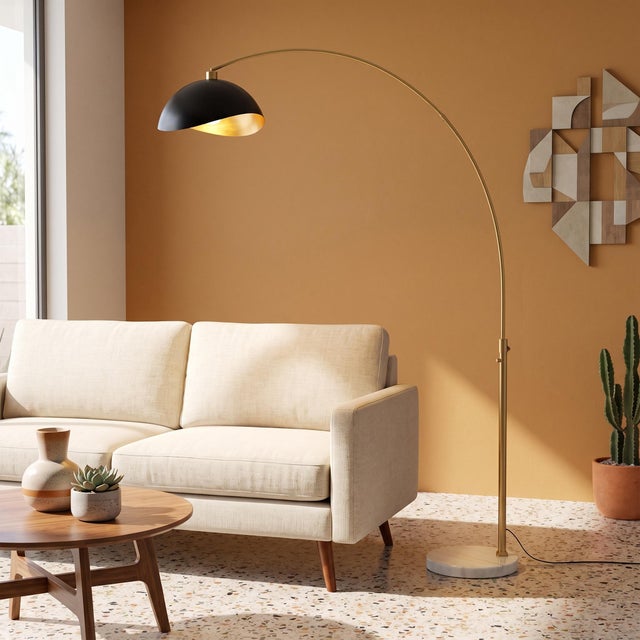 Mid-Century Modern 1960s 92" Morelli Adjustable Matte Black/Gold Floor Lamp - Mid Century Modern Arc Lamp, Weathered Brass, White Marble Base, Dimmable For Sale - Image 3 of 6