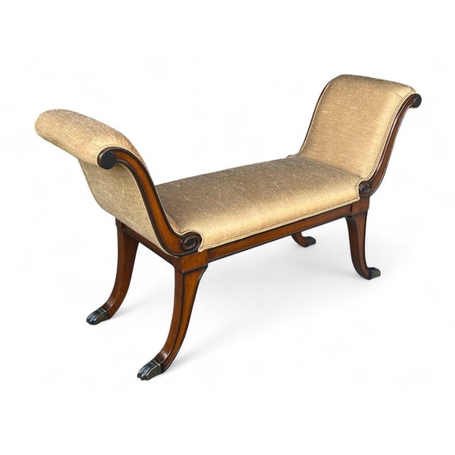 1960s Restored Vintage Mahogany X-Design Bench With Brass Claw Feet and Gold Upholstery For Sale - Image 5 of 14