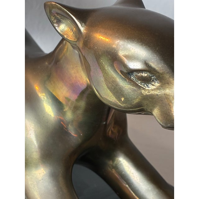 Art Deco Vintage 1987 Solid Brass Panther Sculpture on Black Base – 23” Long, 14.8 LBS For Sale - Image 3 of 12
