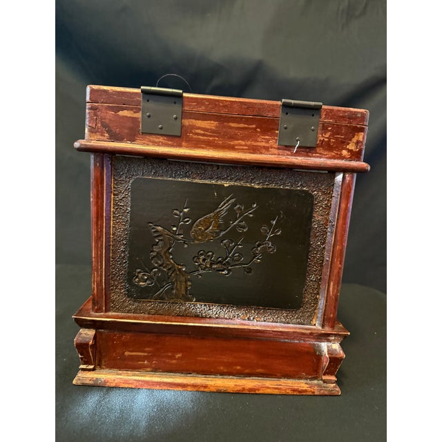 Wood Vintage Chinese Red Lacquered Carved Wood Jewelry Box Vanity With Mirror For Sale - Image 7 of 10