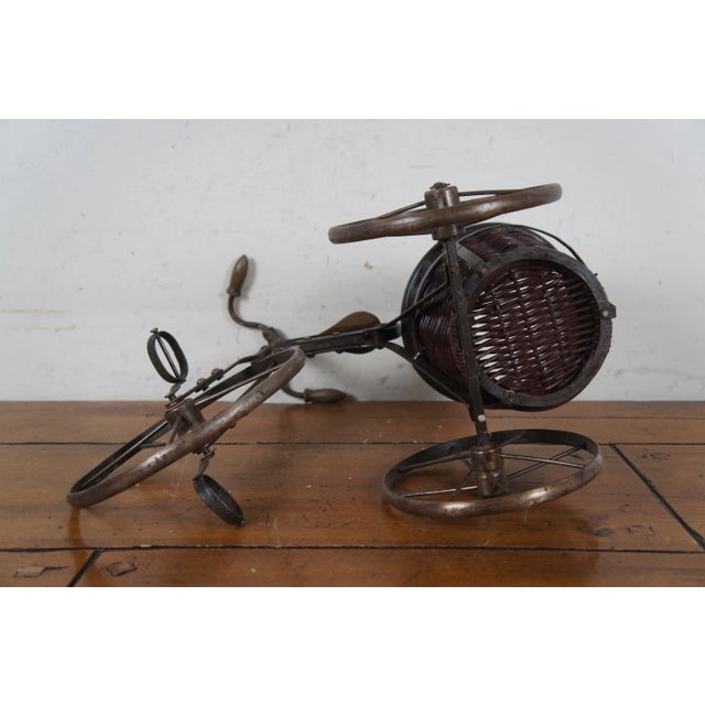 Vintage Metal & Wood Tricycle Bicycle Plant Stand Planter With Wicker Basket For Sale - Image 12 of 12