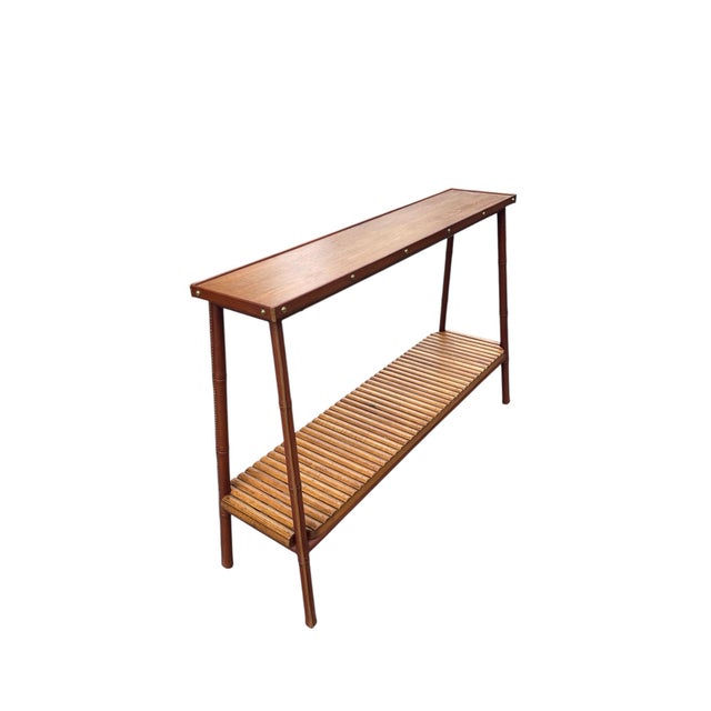 Vintage Stitched Leather and Oak Shelf by Jacques Adnet, 1950s For Sale - Image 12 of 15