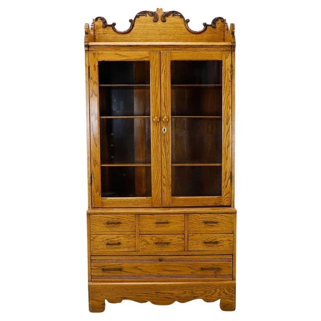 1940s Industrial Solid Oak Library Bookcase with Drawers For Sale - Image 15 of 18