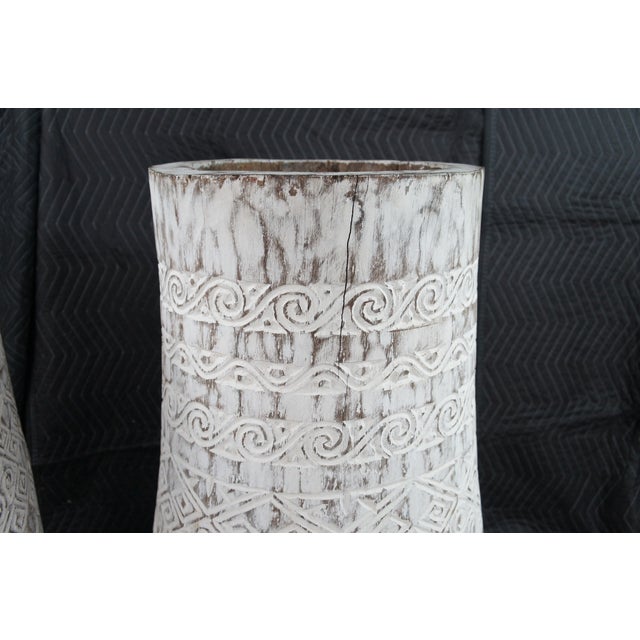 Late 20th Century 2 Bohemian Carved Palm Tree Trunk Planters Boho Chic Sculptural Vase Pair 40" For Sale - Image 6 of 12