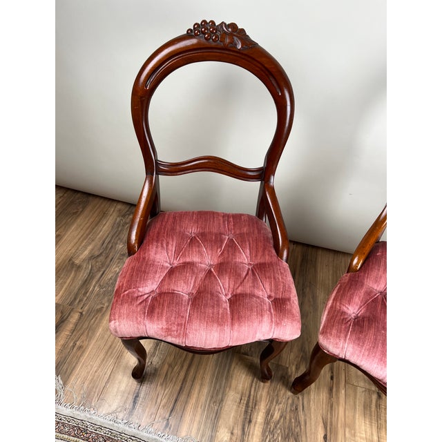 Late 19th Century Late 19th Century Victorian Walnut Balloon Back Tufted Side Chairs - Set of 2 For Sale - Image 5 of 8