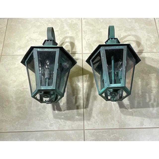 Metal Vintage Solid Copper & Brass Outdoor Lantern Sconces / 18”h X 11”w X 12”d For Sale - Image 7 of 18