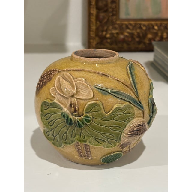 Early 20th Century Antique Chinese Mustard Glazed Pottery Lotus & Crane Relief Vase / Ginger Jar For Sale - Image 5 of 16