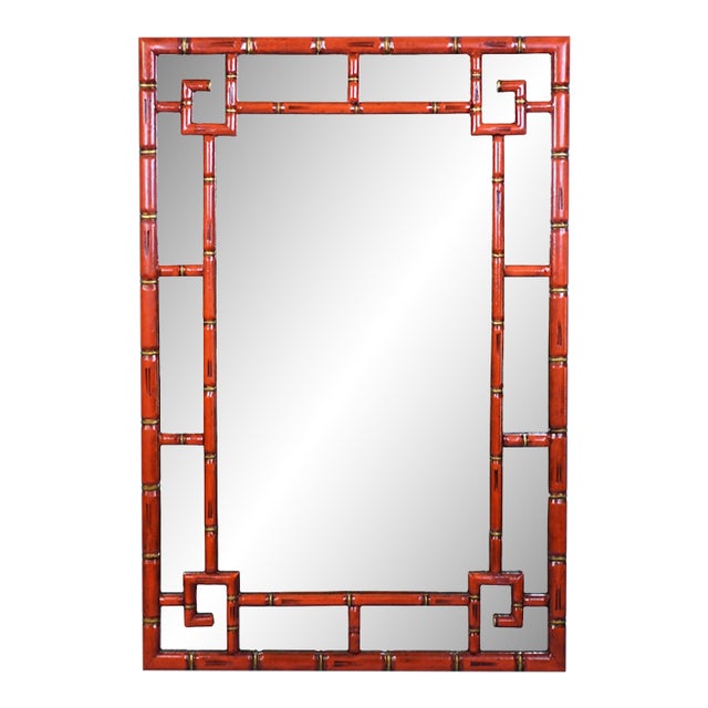 Faux Bamboo Greek Key Red and Gold Mirror For Sale