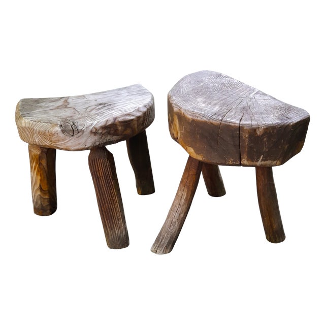 Brutalist Tripod Stools in Grayed Pine, France, 1950s, Set of 2 For Sale