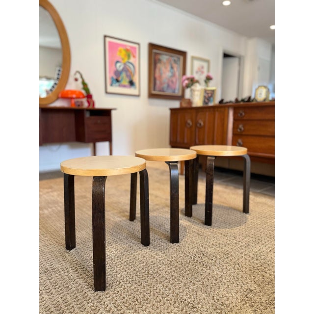 A Set of 3 Italian Bentwood Stools by Alvar Aalto for Armtek, Circa 2017. The “E60” Model. For Sale - Image 10 of 12