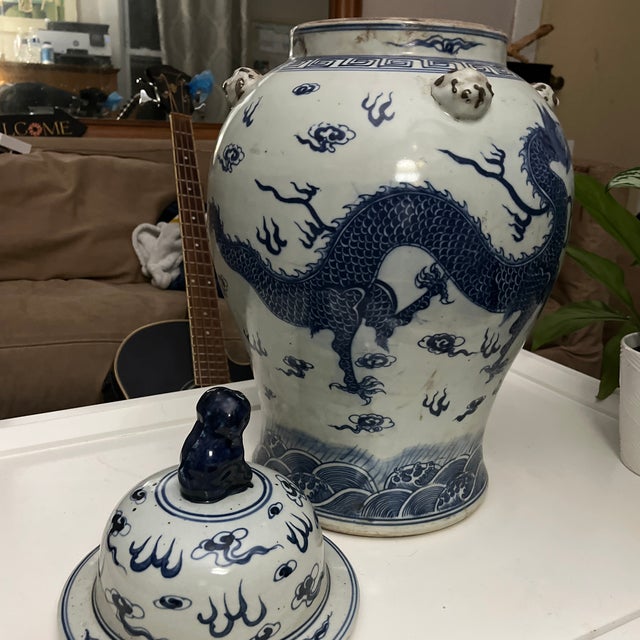 Ceramic Large Blue & White Porcelain Dragon Temple Jar With Foo Dog Lid For Sale - Image 7 of 12