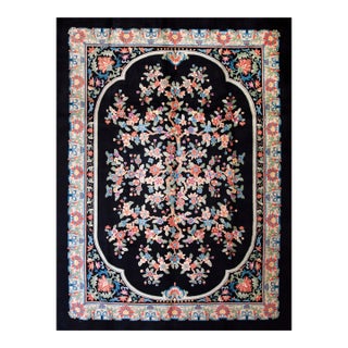 1920s Black Floral Medallion Antique Chinese Art Deco Rug 9' X 12' Handknotted Wool Carpet For Sale