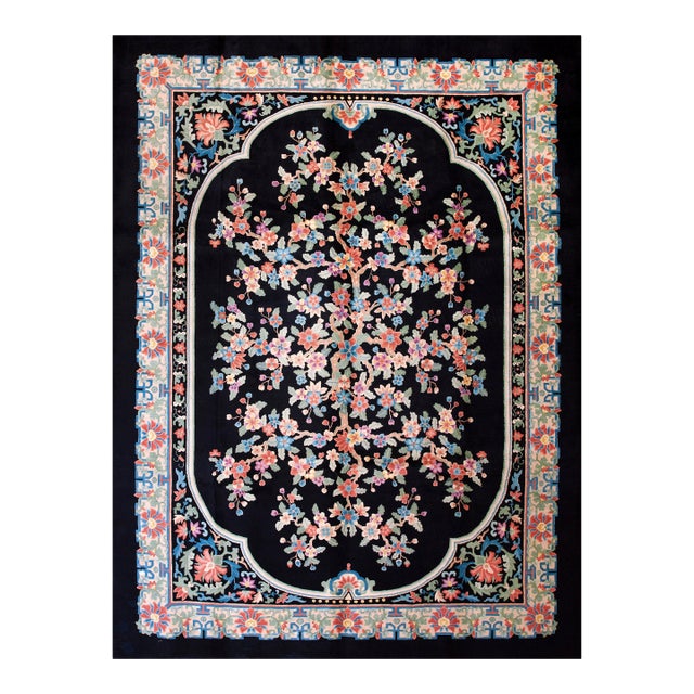 1920s Black Floral Medallion Antique Chinese Art Deco Rug 9' X 12' Handknotted Wool Carpet For Sale