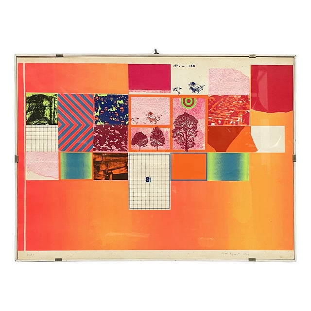 Italian Modern Geometrical Silkscreen Print with Collage on Paper, 1970s, 1970s, Wood & Paper For Sale