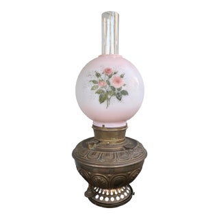 Antique B&h Electrified Oil Lamp With Hand-Painted Pink Opaline Globe, C. 1890 For Sale