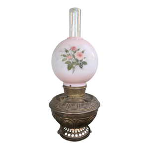 Antique B&h Electrified Oil Lamp With Hand-Painted Pink Opaline Globe, C. 1890