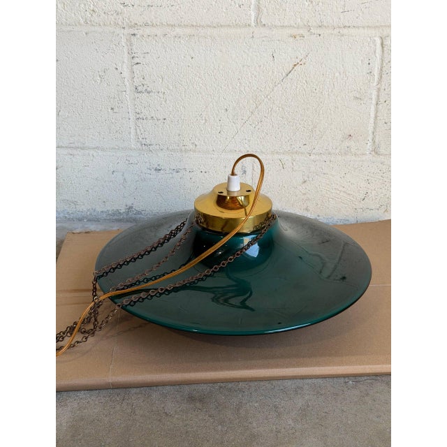 Mid 20th Century Mid-Century Modern Green Glass and Brass Pendant Ceiling Light For Sale In Los Angeles - Image 6 of 10