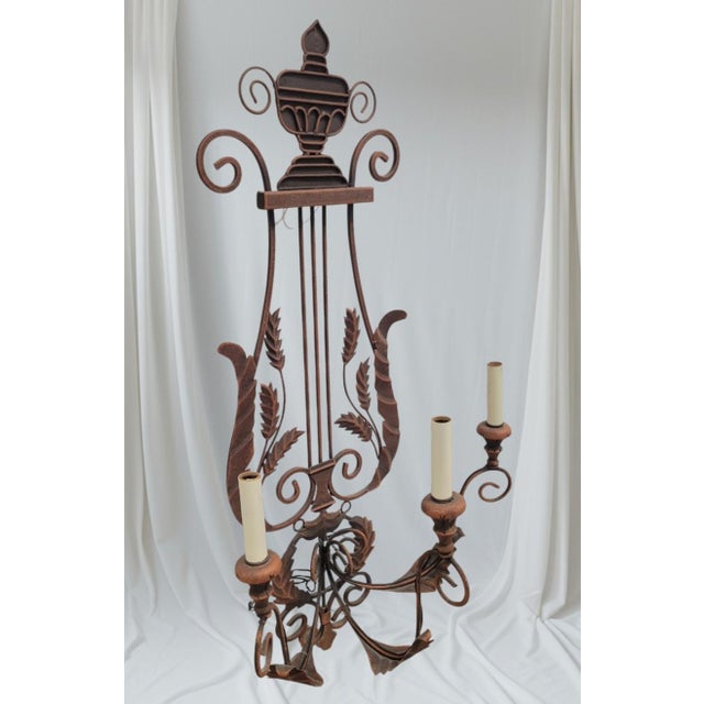 Vintage Huge Iron Rust Brown Lyre Harp 3 Arm Electric Wall Sconce Lamp Fixture For Sale - Image 9 of 9