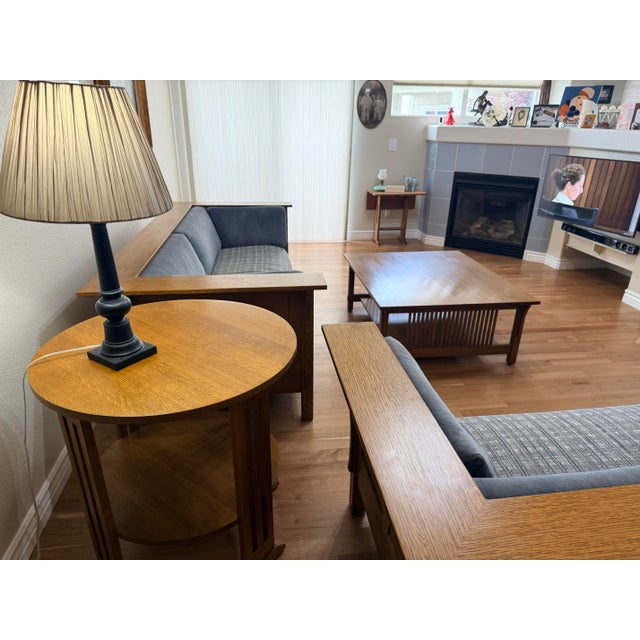 1990s 1990s Stickley Living Room Set, Prairie Sofa (Settle). Love Seat, Coffee Table and Round Table For Sale - Image 5 of 12