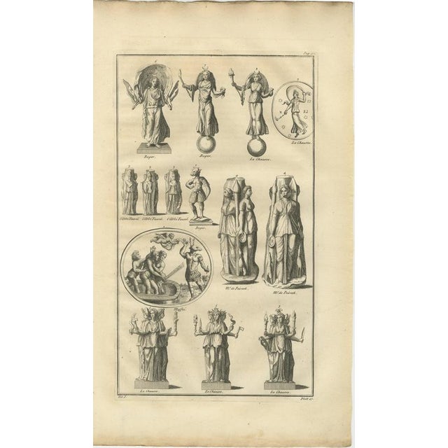 Antique Roman Goddess Statues and Reliefs, Montfaucon Classical Engraving 1721 This striking early 18th-century copper...