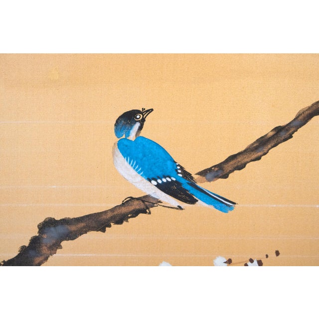 1960s Large Shōwa Era Japanese Silk Byobu Screen "Flycatcher and Sakura" For Sale - Image 12 of 18