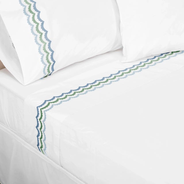 Contemporary Celerie Kemble + Hamburg House Whimsical Blue & Green Scallop King Flat Sheet For Sale - Image 3 of 5