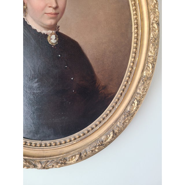 Antique 19th Century German Oval Oil Painting Portrait of a Lady With a Cameo For Sale - Image 11 of 15