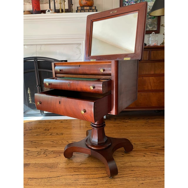 Antique 19th Century American Empire Pedestal, Mahogany Vanity Table. This beautiful piece has three drawers with original...