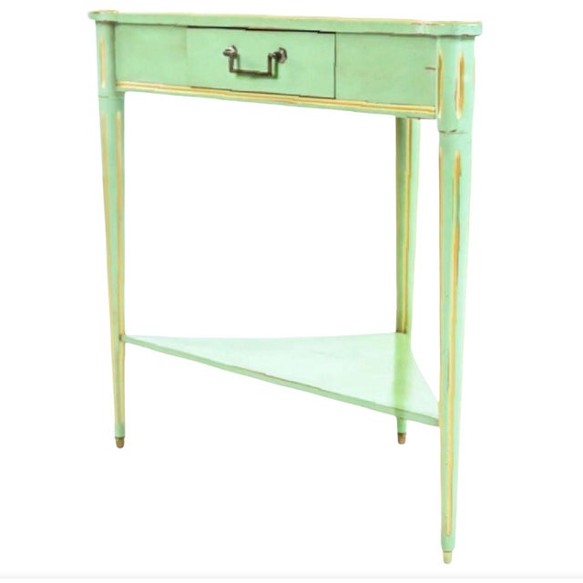 French provincial custom green grange triangular table, corner console, France. French corner table painted green with...