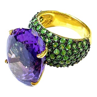 Bochic “Orient” Amethyst & Tsavorite Large Cocktail Ring 18k in Gold & Silver Size 9 For Sale