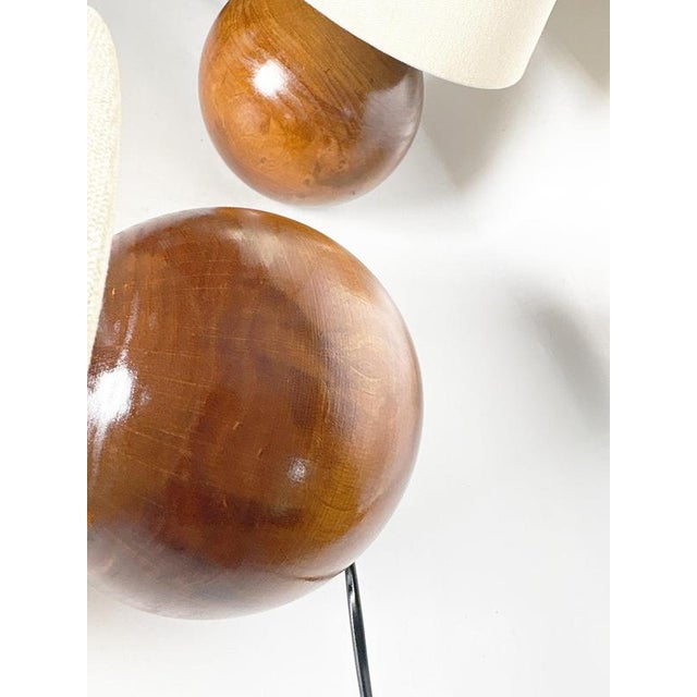 Round Wooden Table Lamps with Lampshades, France, 1970s, Set of 2 For Sale - Image 17 of 18