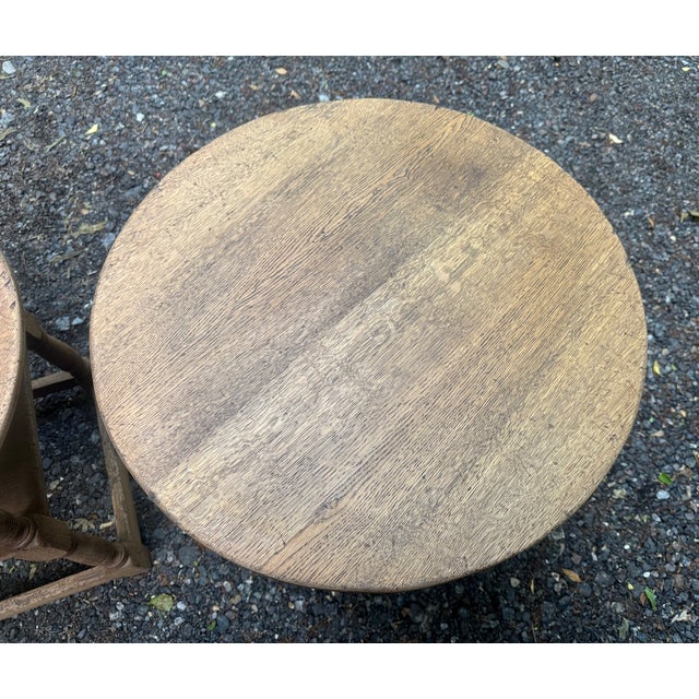Wood Round Oak Lamp Tables, 1925, Set of 2 For Sale - Image 7 of 15