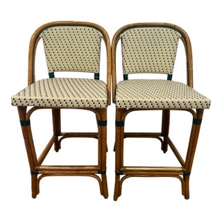 Set of 2 Rattan and Woven Vinyl French Bistro Stools by Glac Seat - Soft White and Hunter Green For Sale