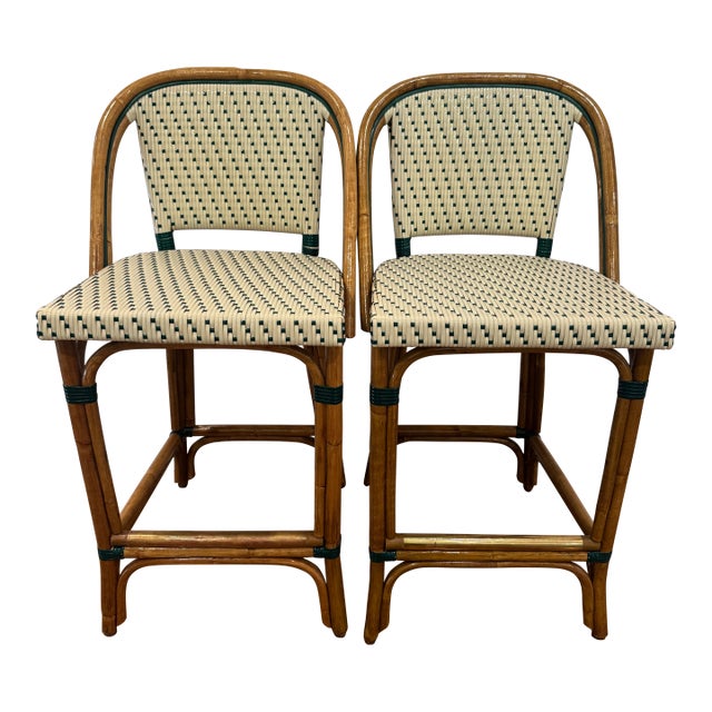 Set of 2 Rattan and Woven Vinyl French Bistro Stools by Glac Seat - Soft White and Hunter Green For Sale