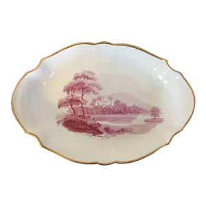 Antique Circa 1810 English Wedgwood Porcelain Dessert Dish with Puce Sepia Landscape by Cutts