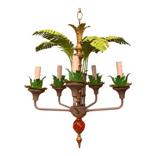 Vintage Late 20th Century Brass Glass Wood Bamboo Chandelier For Sale
