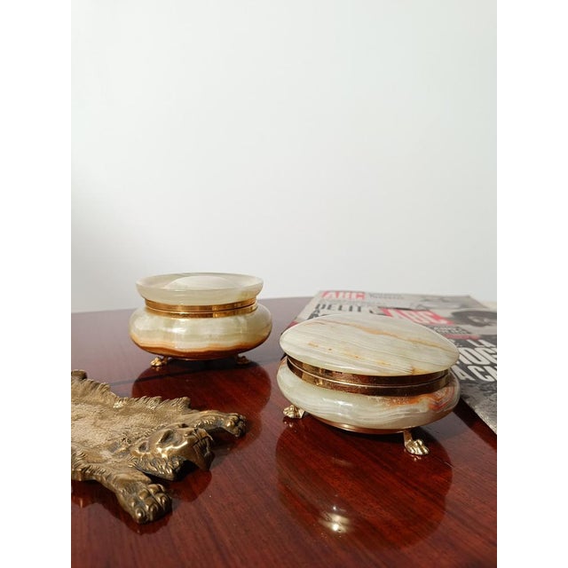 Metal Italian Carved Round Green Onyx Marble Box with Gilded Lionfeet, 1950s For Sale - Image 7 of 18