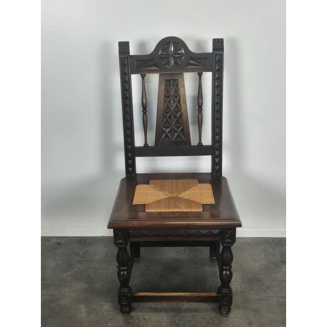 Brown Breton Carved Chairs with Straw Seats, Set of 8 For Sale - Image 8 of 15