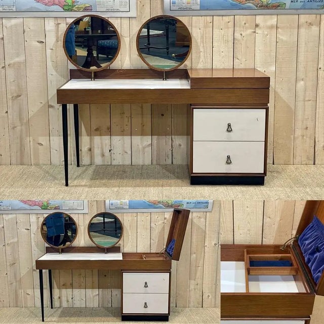 Brown 1970s Dressing Table With 2 Round Mirrors For Sale - Image 8 of 13