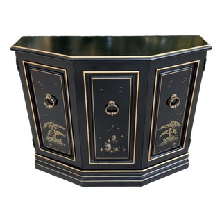 Black Lacquered Chinoiserie Handpainted Demi Lune Cabinet For Sale