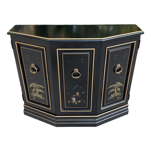 Black Lacquered Chinoiserie Handpainted Demi Lune Cabinet For Sale