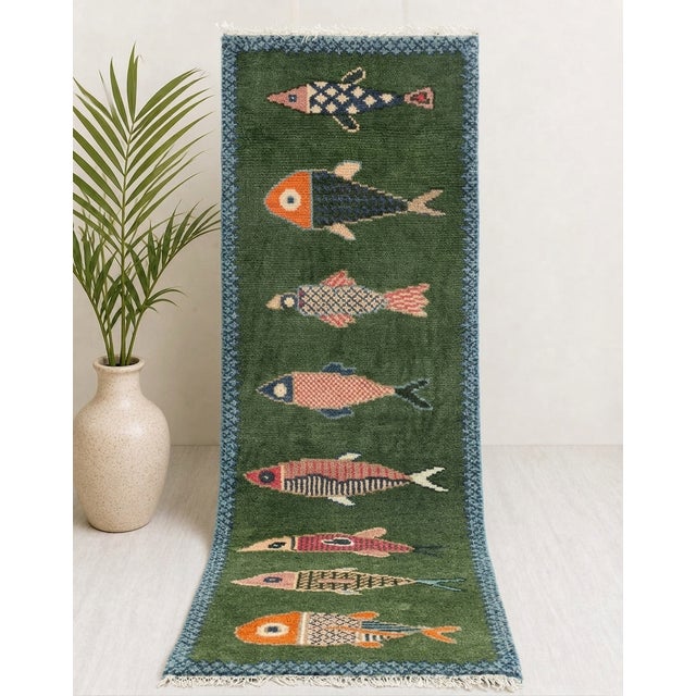 Koi Fish Olive Green Hand Knotted Runner Rug 2.6x12Ft. For Sale - Image 15 of 18