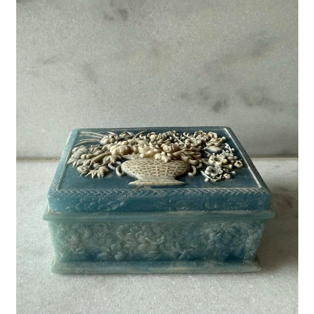 Vintage mid century handcrafted Incolay blue and white marble jewelry or trinket box with flower basket cameo. Black...