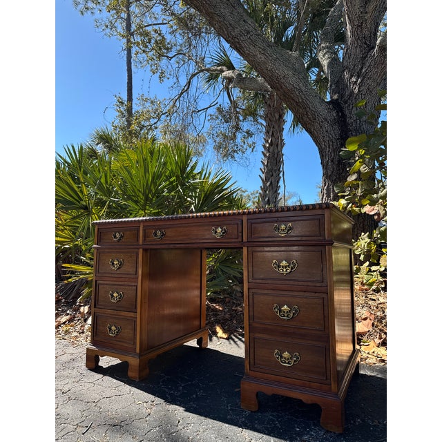 Wood Antique John Wanamaker Solid Wood Pedestal Desk With Brass Hardware For Sale - Image 7 of 9