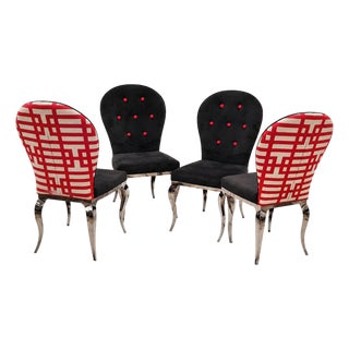 Set of Four Hollywood Regency Slipper Chairs With Jonathan Adler Fabric & Chrome Legs For Sale
