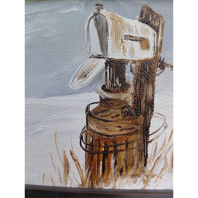 This vintage framed original oil painting on canvas adhered to an art board depicts a pastoral winter scene of farm house,...