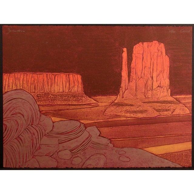 Contemporary 1970s "Sacred Land" Western Landscape Signed and Numbered Collagraph by by John Ross - a Pair For Sale - Image 3 of 9