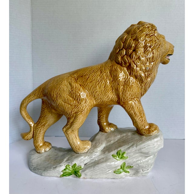 Mid 20th Century Mid-Century Hand-Painted Glazed Ceramic Lion Figurine on Rock Base For Sale - Image 5 of 14