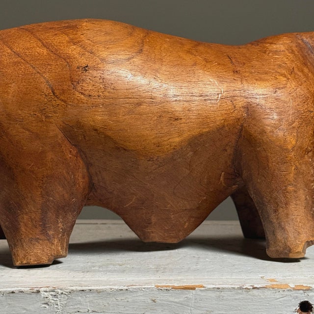 Wood Antique Hand Carved Folk Art Bull Sculpture For Sale - Image 7 of 12