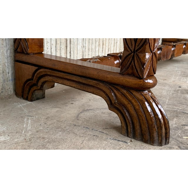 19th Century Catalan Spanish Carved Walnut Console Sofa Table, Four Drawers For Sale - Image 14 of 18